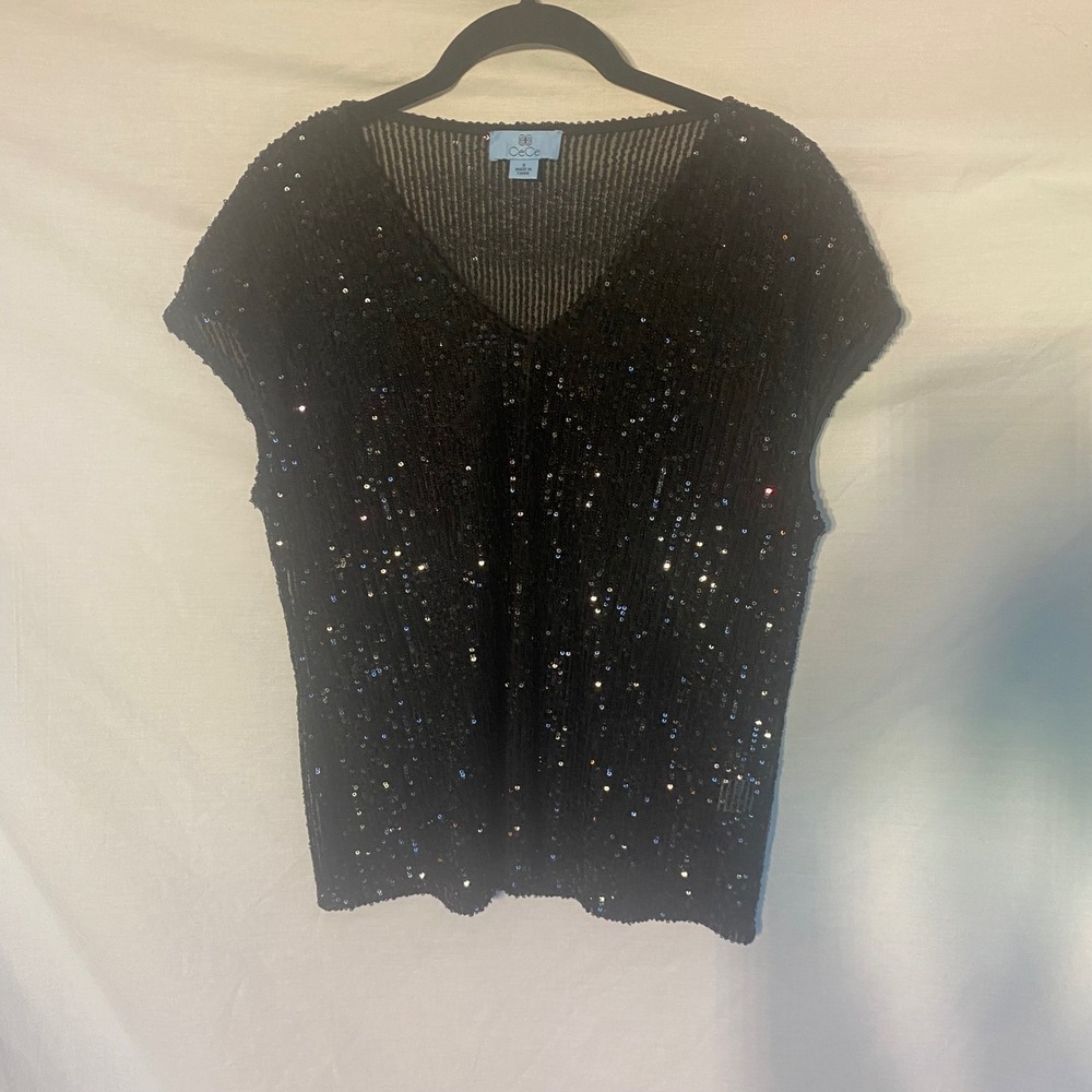 CeCe Black Sequin V-Neck Sleeveless Ribbed Knit Top Small